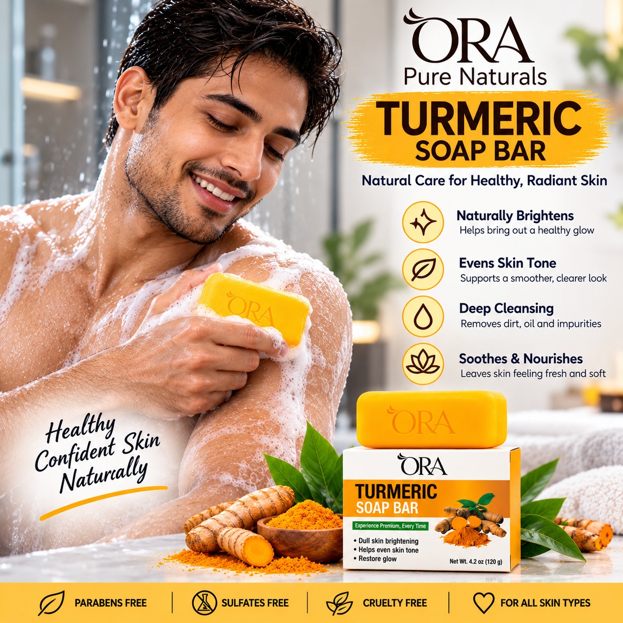 ORA Turmeric Soap Bar – Cleansing Soap for Face & Body – 4.2 oz - Image 2