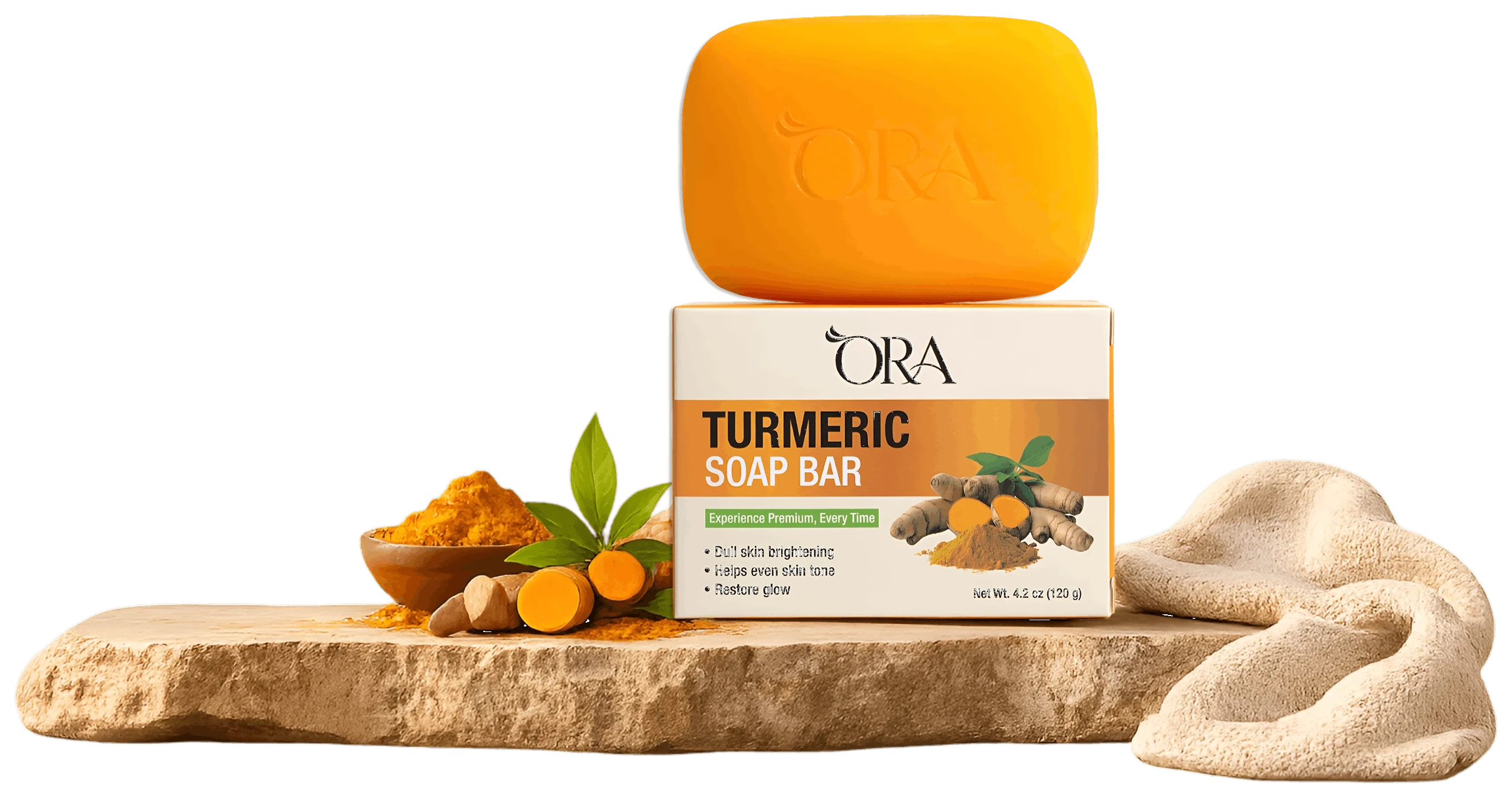 ORA Turmeric Soap Bar with turmeric roots and powder
